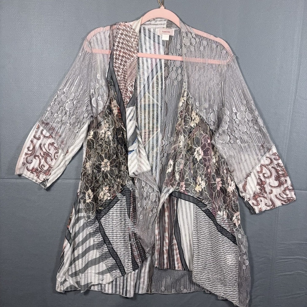 Kamana Cardigan‎ Topper Womens XL Gray Pink Lace Floral Open Abstract Boho